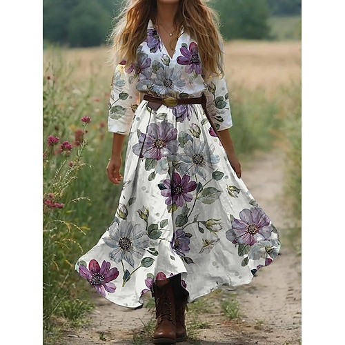  Damen Boho Kleid Western Kleid Vintage Maxi Kleid Sommerkleid Plissee Kleid Urlaub Lässig Boho Ausgehen Strand Standard Fit Grafik Paisley 3/4 Ärmeln V-Ausschnitt Weiß Blau Orange Grün