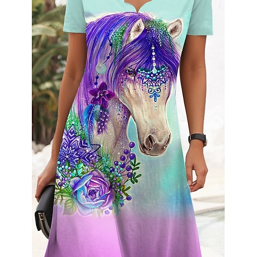  Sheena Pike, mini abito da donna con cavallo viola zingaro, abito t-shirt, abito a trapezio, abito estivo, casual, quotidiano, vestibilità regolare, grafico, animali, manica corta, scollo a V, viola.