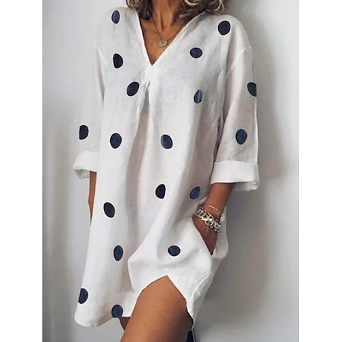 Robe midi pour femmes robe d shift décontractée extérieure plage similicuir coupe régulière graphique à pois à manches longues col en V blanc rose bleu gris été