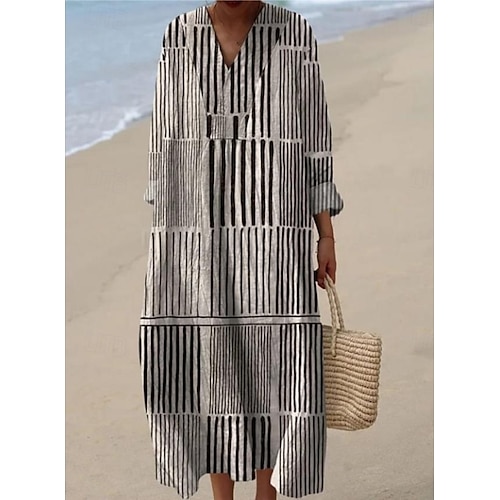  Femmes Robe Midi Robe d'Été Robe trapèze Vacances Occasionnel Boho Sortir Plage Graphique manche longue Col en V Jaune Rose Claire Bleu Marron Été Printemps