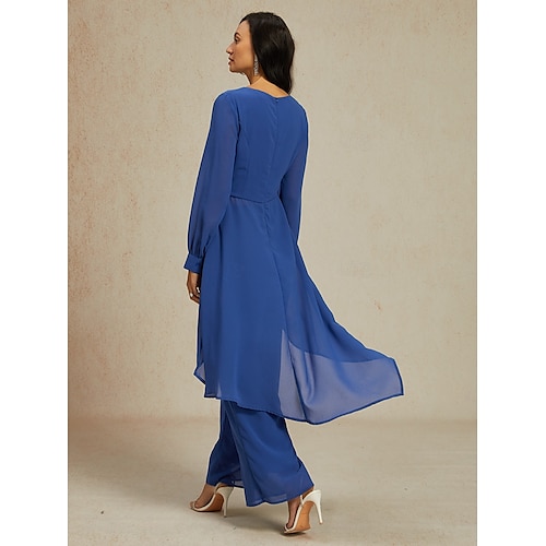  női esküvői vendég jumpsuit elegáns sötétkék hosszú áttetsző ujjú széles láb elegáns esti parti viselet kerek nyakkivágás tavasz nyár ősz