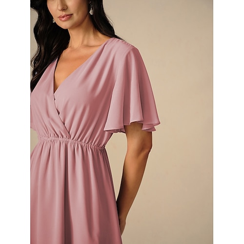  Robe de demoiselle d'honneur Robe Trapèze Femme Robe mi-longue Cuisse fendue robe demoiselle d honneur Soirée Cocktail Elégant Col V Manche Courte Standard Rose Claire Bleu Vert S M L XL XXL