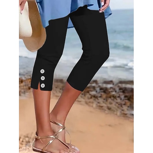 Femmes Slim Chinos Mi-long Occasionnel Collants Longueur mollet Naturel Uni Fendu Séchage Rapide Doux Confortable Vacances Décontracté Quotidien Noir Blanche Été Slim