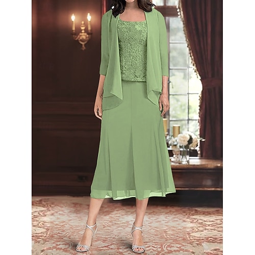 Комплекты платьев для матери невесты элегантное простое квадратное декольте длина до колен полиэстер рукав 3/4 с однотонным цветом