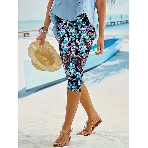  Leggings Femininas Capri Calças Alta Elasticidade Férias Moda Vintage Comprimento até a Panturrilha Cintura Alta Impressão Floral Gráfica Respirável Macio Elástico Formal Férias Escritório Cinza
