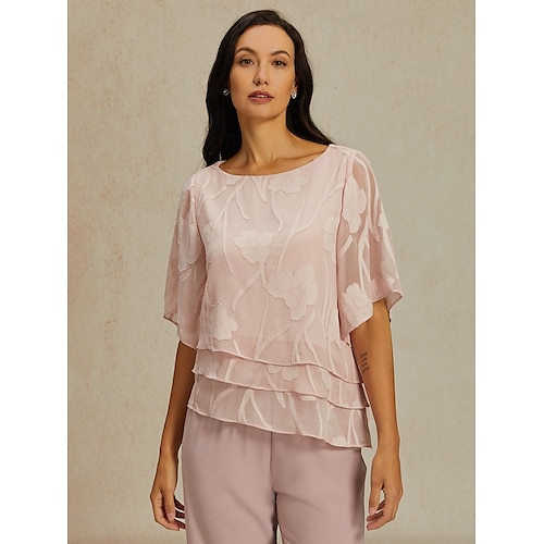  Dames Kanten overhemd Blouse Geklede topjes Chiffon-topjes Effen Kleur Bloemig Grafisch Elegant Stijlvol Basic Halve mouw Flutter mouw Boothals Normale tops Bruiloft gast Werk Dagelijks Asymetrische