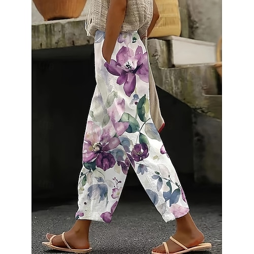  Kvinnors bomull linnebyxor baggy byxor linne-liknande strandshorts semester vintage mode hel längd hög midja blommig grafiktryck termisk varm andningsbar mjuk micro-elastisk casual violett