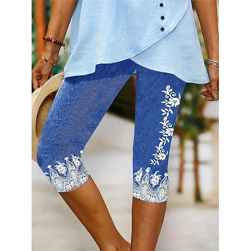  Woman Leggings Capri Pantaloni Alta Elasticità Moda Vacanze Vintage Lunghezza Polpaccio Vita Media Stampa Grafica Floreale Traspirante Morbido Vacanze Casual Quotidiano Blu Uovo di Robin Azzurro