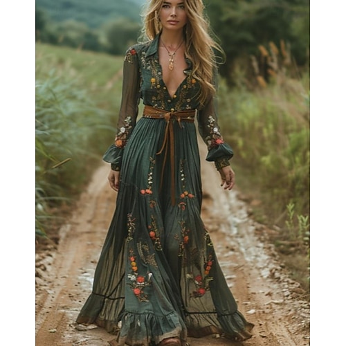  Damen Midikleid Sommerkleid Unterkleid Urlaub Lässig Boho Täglich Ferien Ausgehen Normale Passform Blumen Grafik Langarm V Ausschnitt Dunkelgrün Sommer Frühling