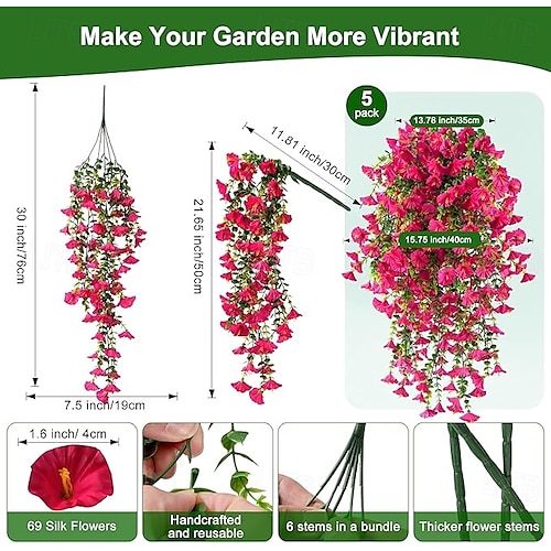  5 fiori artificiali di ipomea appesi per esterni, petunie finte resistenti ai raggi UV, realistici fiori di seta finta, ipomea di eucalipto, per interni ed esterni, fioriere, verande, patii, decorazioni per la casa.