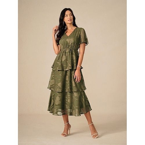  Damen Maxikleid A Linie Kleid Elegant Formell Flattrige Ärmel Hochzeitsgast Cocktailparty Normale Passform Einfach Kurzarm V Ausschnitt Olive Sommer