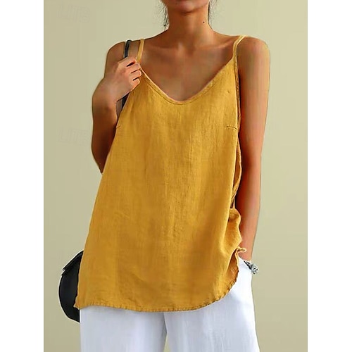 Damen Extraklein Camisole-Tanktop Leinenweste Einfarbig Lässig Strand Ärmellos V Ausschnitt Normale Oberteile Täglich Strandbekleidung Urlaubskleidung Rückenfrei Schwarz Weiß Gelb Blau Grün Frühling