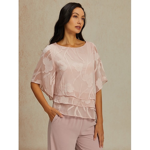  Dames Kanten overhemd Blouse Geklede topjes Chiffon-topjes Effen Kleur Bloemig Grafisch Elegant Stijlvol Basic Halve mouw Flutter mouw Boothals Normale tops Bruiloft gast Werk Dagelijks Asymetrische