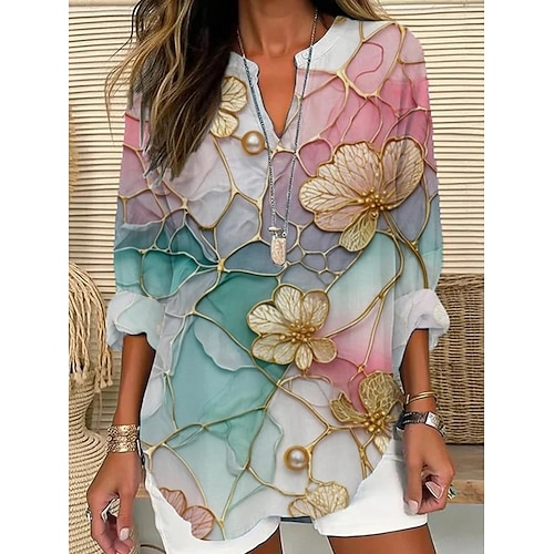  Blouse femme hauts d'été graphique floral vintage tropical hawaïen à manches longues col en V décontractée quotidienne vacances plage imprimé bleu marine bleu violet vert beige printemps été