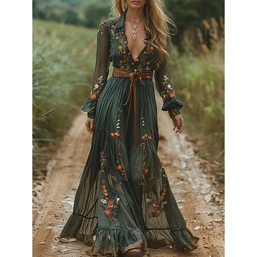  Damen Midikleid Sommerkleid Unterkleid Urlaub Lässig Boho Täglich Ferien Ausgehen Normale Passform Blumen Grafik Langarm V Ausschnitt Dunkelgrün Sommer Frühling