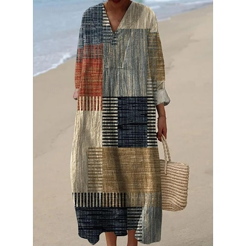  Femmes Robe Midi Robe d'Été Robe trapèze Vacances Occasionnel Boho Sortir Plage Graphique manche longue Col en V Jaune Rose Claire Bleu Marron Été Printemps
