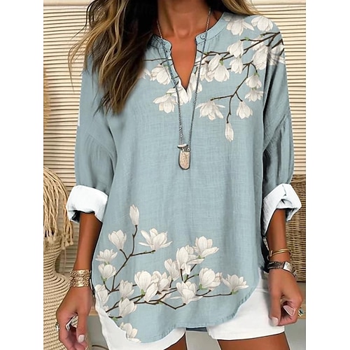  Chemise en coton et lin pour femmes floral hawaïenne basique décontractée manches longues col en V tops réguliers impression quotidienne rose rouge bleu marine bleu violet été printemps