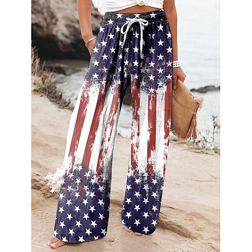  Chino patriotic cu picioare largi pentru femei pantaloni baggy de vacanță modă vintage lungime completă pantaloni cu talie înaltă grafic steag imprimat cu steagul american micro-elastic formale