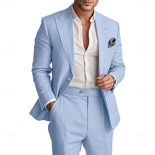 Trajes de boda de lino para hombres rosa azul cielo moda casual de verano de color sólido estándar de 2 piezas de una sola fila de botones