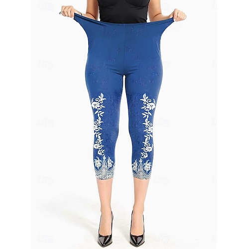  Woman Leggings Capri Pantaloni Alta Elasticità Moda Vacanze Vintage Lunghezza Polpaccio Vita Media Stampa Grafica Floreale Traspirante Morbido Vacanze Casual Quotidiano Blu Uovo di Robin Azzurro