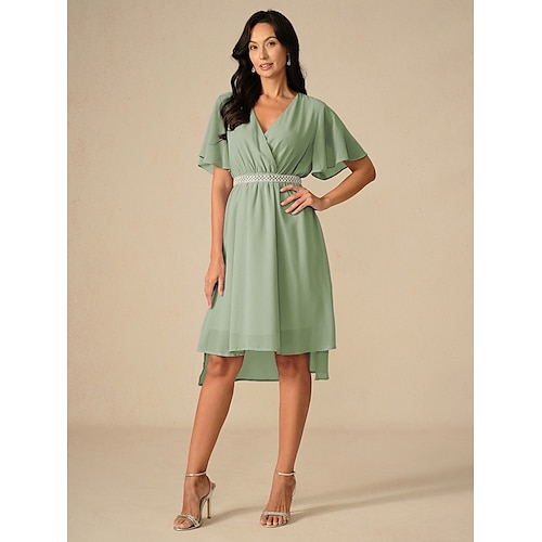  Robe de demoiselle d'honneur Robe Trapèze Femme Robe mi-longue Cuisse fendue robe demoiselle d honneur Soirée Cocktail Elégant Col V Manche Courte Standard Rose Claire Bleu Vert S M L XL XXL
