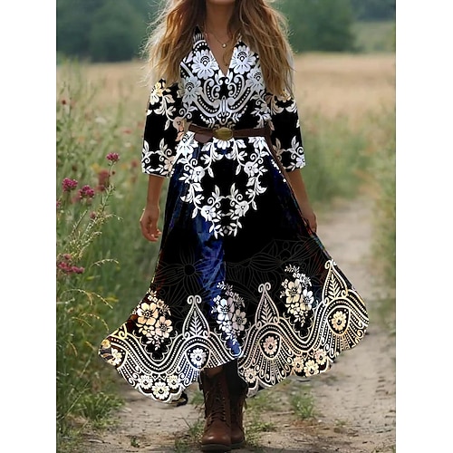  Damen Boho Kleid Western Kleid Vintage Maxi Kleid Sonnenkleid Faltenkleid Urlaub Lässiges Boho Ausgehen Strand Grafisch Paisley Tribal 3/4-Länge Ärmel V-Ausschnitt Schwarz Pink Blau Orange Sommer