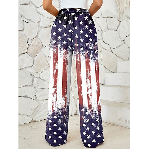  Chino patriotic cu picioare largi pentru femei pantaloni baggy de vacanță modă vintage lungime completă pantaloni cu talie înaltă grafic steag imprimat cu steagul american micro-elastic formale