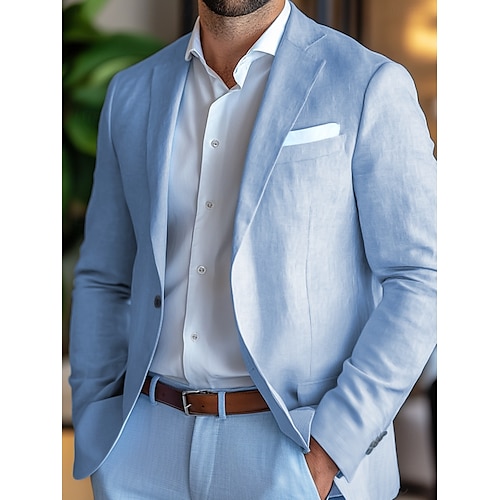  Men's Linen Blazer Sport Coat Notch Collar Fashion Casual Solid Colored Blazer Sky Blue Standard Fit Single Breasted One-button