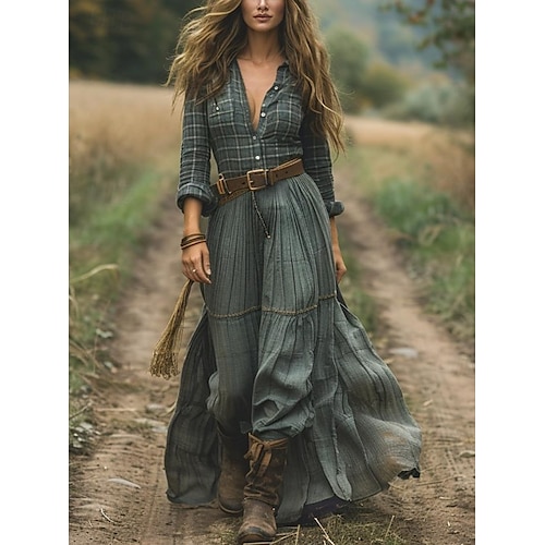 Női Boho Ruha Nyugati Ruha Vintage Midi Ruha Nyári Ruha Slip Ruha Vakáció Hétköznapi Boho Napi Üdülés Kimenő Laza Illeszkedés Geometriai Hosszú Ujjú Galléros Sötét Zöld Nyár Ősz