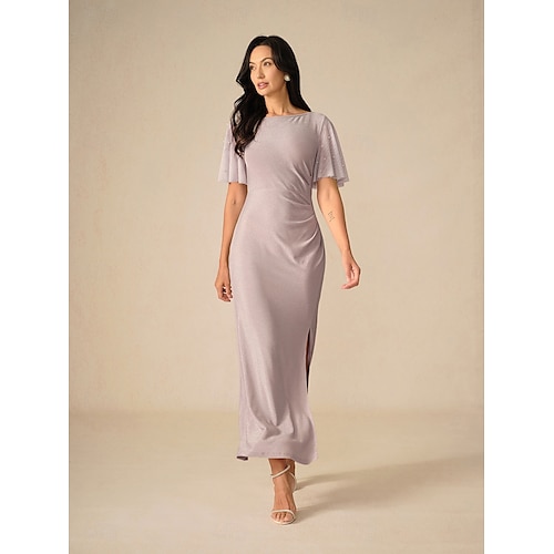  Femmes Robe maxi Robe fourreau Élégant Fête Mariage Soirée robe demoiselle d honneur Couleur Unie Manche Courte Col ras du cou Rose Claire Été Printemps Automne