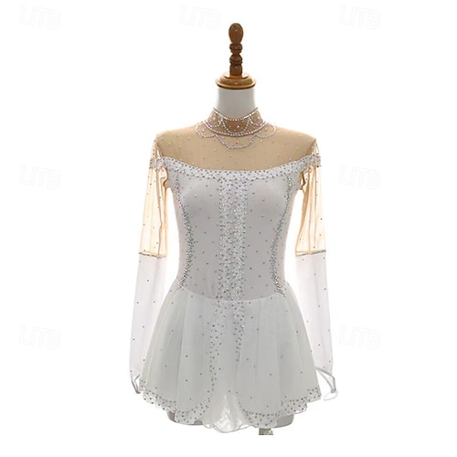 white and gold figure skating dress Competition Figure Skating Dress White Skin Color Mesh Sleeves – Boutique  Step Up main image 0