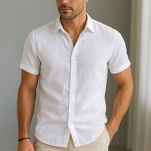  Men's Shirt Linen Shirt Casual Shirt Cotton Shirt Plain Vacation Street White Sky Blue Army Green Dark Blue Short Sleeve Turndown Summer Clothing Apparel Button-Down