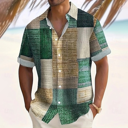  Voor heren Geometrisch Kleurenblok Lapwerk Overhemd Normaal shirt Overhemd met knopen Korte mouw Mode-casual Vakantie Dagelijks gebruik Feestdagen Zomer Lente Strijkijzer 3D-afdrukken shirts met