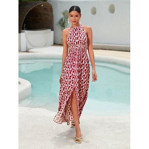  Mulheres Roupas de resort Vestido Longo Rosa Sem Manga Geométrico Guarnição do laço Primavera Verão Halter pescoço Elegante férias na praia S M L