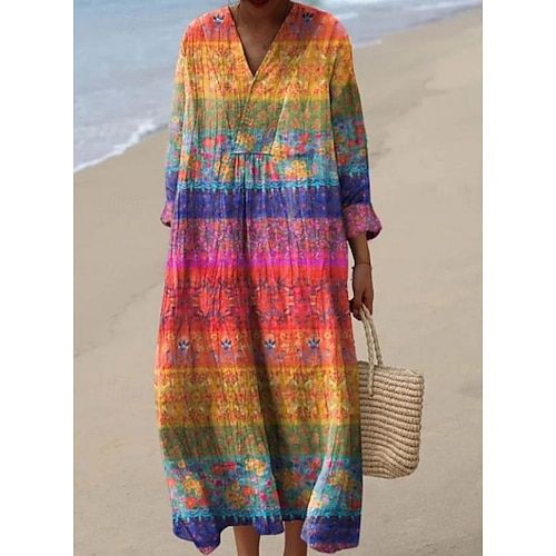  Femmes Robe Midi Robe d'Été Robe trapèze Vacances Occasionnel Boho Sortir Plage Graphique manche longue Col en V Jaune Rose Claire Bleu Marron Été Printemps