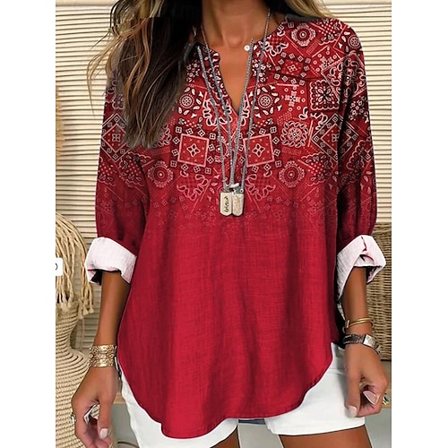  Chemise en coton et lin pour femmes floral hawaïenne basique décontractée manches longues col en V tops réguliers impression quotidienne rose rouge bleu marine bleu violet été printemps