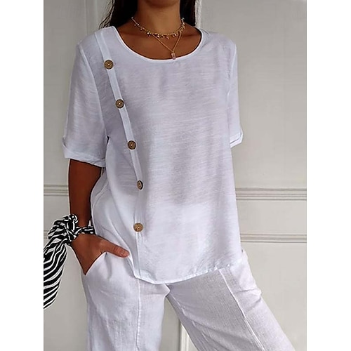 Femmes Chemises en coton et lin Uni Basique Manche Courte Col ras du cou Hauts Réguliers Quotidien Boutons Noir Blanche Vert Véronèse bleu marine Bleu Ciel Été