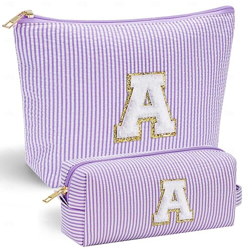 Set De 2 Trousses De Maquillage Personnalisées A-Z - Toile Avec Doublure Soie, Grand Modèle 25x20 Cm Et Petit 21x13 Cm
