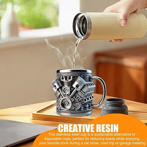  Engines Stainless Steel Mug, Creative Resin and Stainless Steel Coffee Cup, Unique Personality Drinkware, Stylish Whiskey Glass, Perfect Gift and Decorative Figurine for Home and Office