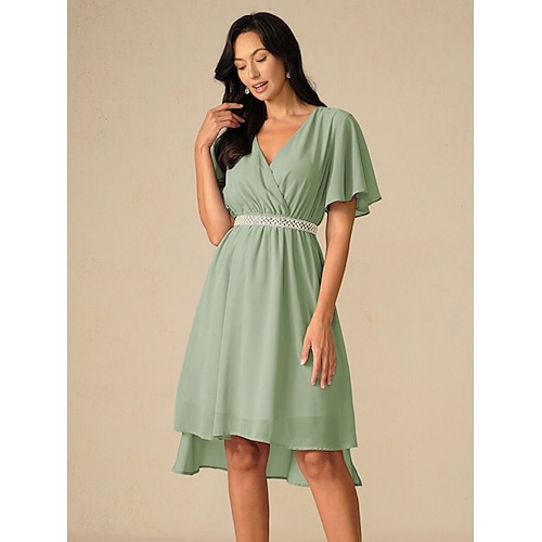  Robe de demoiselle d'honneur Robe Trapèze Femme Robe mi-longue Cuisse fendue robe demoiselle d honneur Soirée Cocktail Elégant Col V Manche Courte Standard Rose Claire Bleu Vert S M L XL XXL