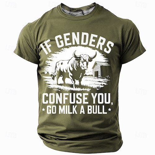  男性用グラフィックショートスリーブTシャツ：『性別が混乱するなら、牛を搾乳しに行け』ユーモアTシャツ