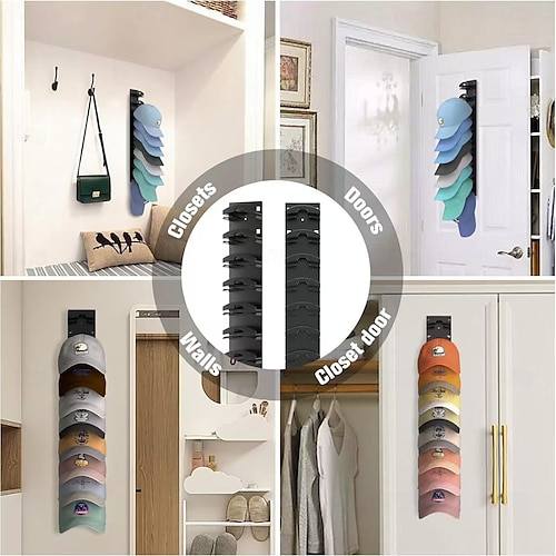  1 Pack Hat Organizer for Baseball Caps, Strong Adhesive Hat Rack for Wall, Multi-layer Hat Hooks Storage for 10 Hats, Hat Holder Hanger for Door, Bedroom, Closet