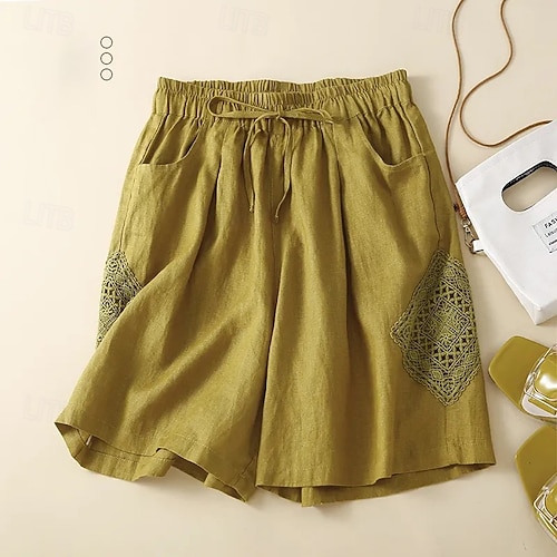 Femmes Short inspiré du lin Shorts Slacks Streetwear Occasionnel Court Naturel Uni Avec Poches Conception à cordon élastique Confortable Rue Fête Décontracté Quotidien Noir Jaune Bleu Orange Été