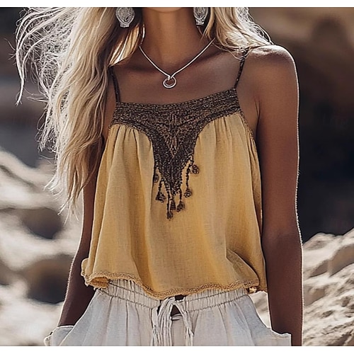  Naisten Camisole Tank Top Kukka Böömi Päivittäin Etninen Hihaton Olkaimellinen Tavalliset topit Päivittäin Rypytetty Kirjailtu Painettu Keltainen Kesä Kevät