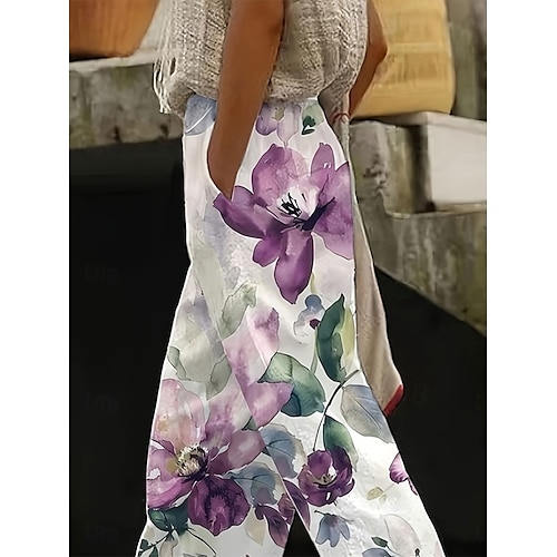 Kvinnors bomull linnebyxor baggy byxor linne-liknande strandshorts semester vintage mode hel längd hög midja blommig grafiktryck termisk varm andningsbar mjuk micro-elastisk casual violett