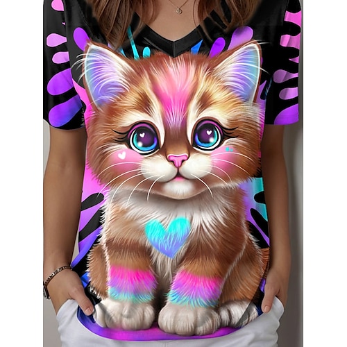  lil kitty by sheena pike dámské tričko ombre grafické zvíře vintage stylové ležérní krátký rukáv výstřih do V běžné topy denní tisk černá léto