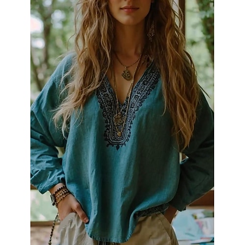  Blouse boho femme graphique florale bohème vintage tropicale à manches 3/4 col en V haut régulier bleu été printemps