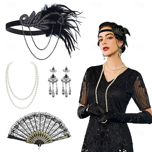 20. léta 20. století Velký Gatsby Bubenová čelenka Velký Gatsby Peří Retro Třpytivý lesk Křišťál a napodobenina Maškarní kostým Dámské Karneval Valentýna Plesová maškaráda Párty večerní šaty Plesov