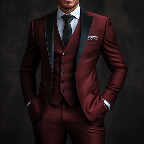 De los hombres Boda Fiesta de baile Trajes de fiesta Solapa de Muesca Burdeos Negocios Lujo Color sólido Estándar Juego de 3 piezas Recto 1 botón