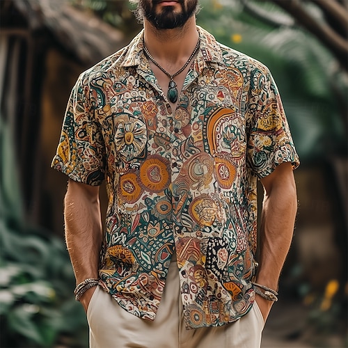  Men's Indian Boho Ethnic Shirt Summer Hawaiian Shirt Button Up Shirt Short Sleeve Hawaiian Vacation Holiday Beach Wear Summer Spring Turndown 3D Print Collared Shirts Yellow